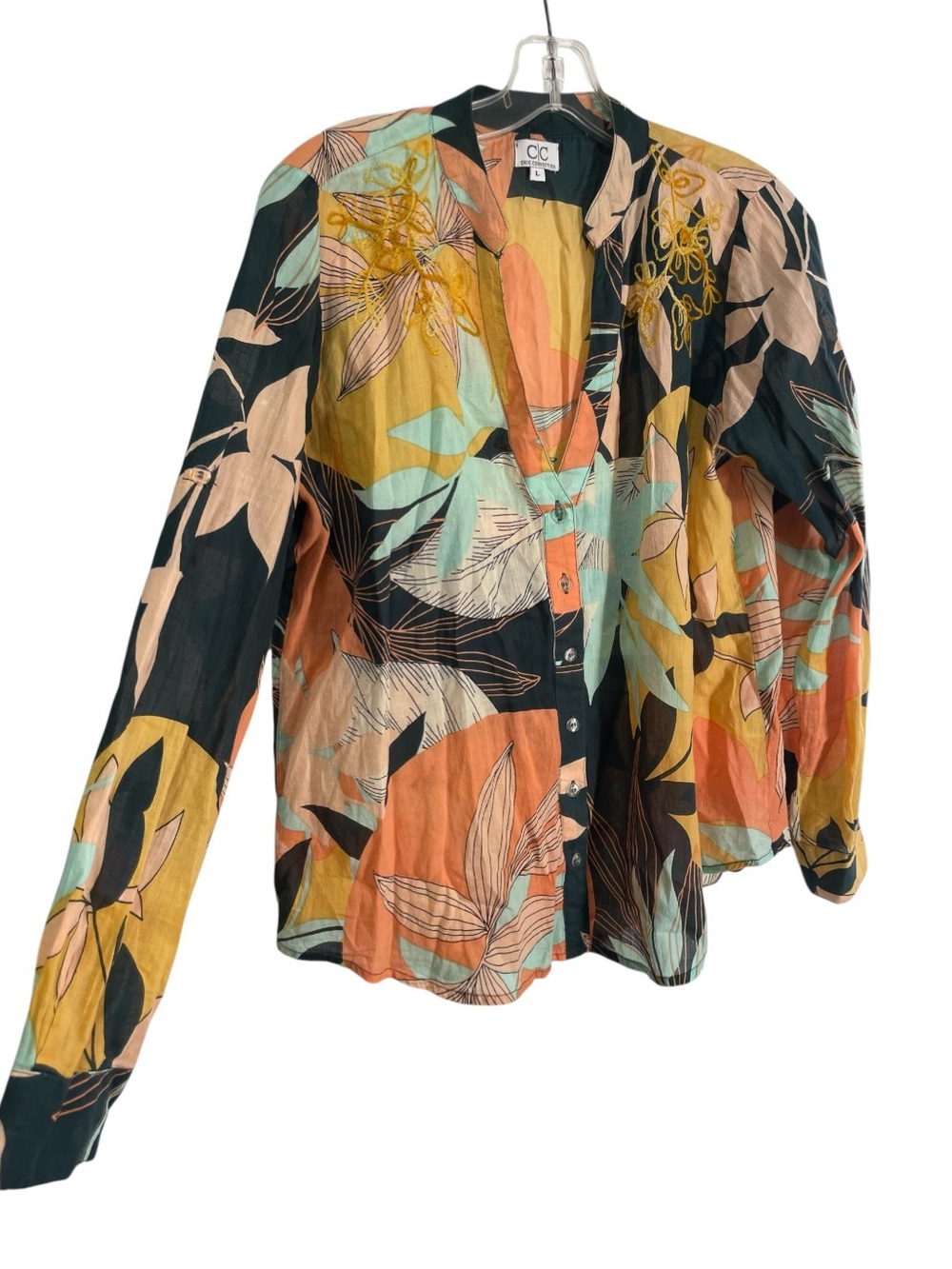 tropical floral embroidered button-front top colorful botanical print Sz L light